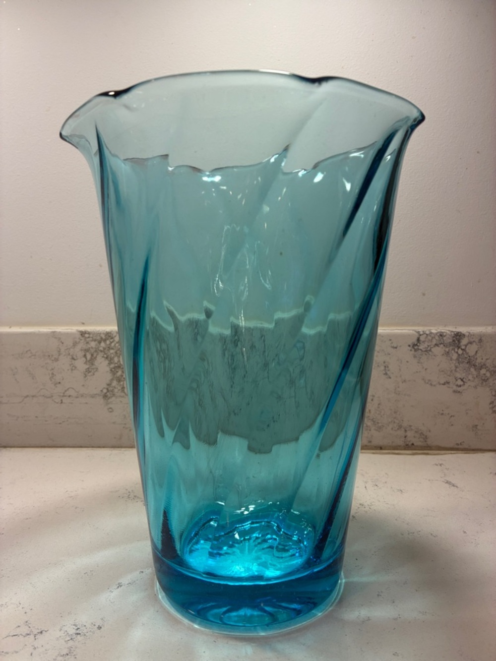 Vintage Turquoise Hazel Atlas Flower Vase MCM Flared Capri Optic Swirl 8.25” H